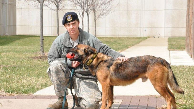 Staff Sgt.AshleyAlbright, 88th Security Forces military working dog trainer, awards her dog with a toy after a bite demonstration. New dog handlers are trained on additional real-world scenarios to further their skills.