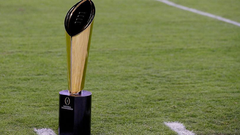 TAMPA, FL - JANUARY 09:  The College Football Playoff National Championship Trophy presented by Dr Pepper is seen prior to the 2017 College Football Playoff National Championship Game between the Alabama Crimson Tide and the Clemson Tigers at Raymond James Stadium on January 9, 2017 in Tampa, Florida.  (Photo by Kevin C. Cox/Getty Images)