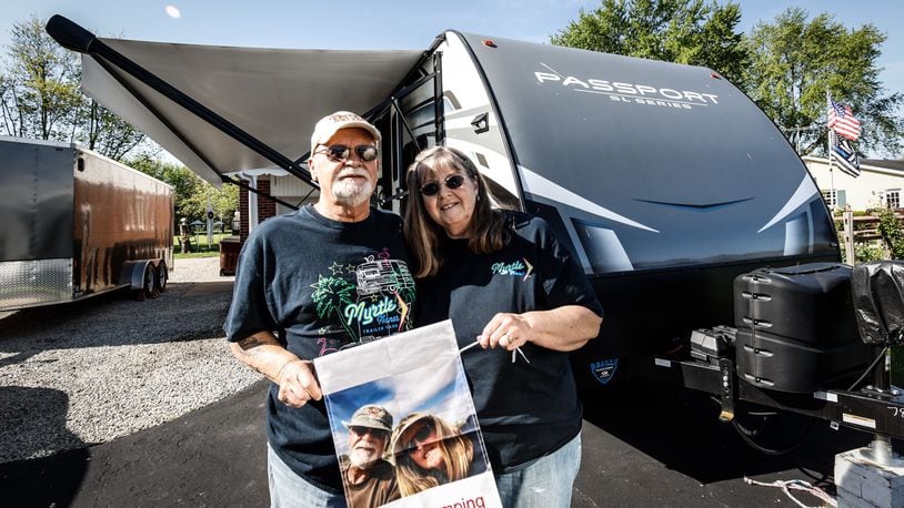Marty and Donnie Vaughn have bought 8 different campers in 22 years. They are planning to camp at every state park in Ohio. JIM NOELKER/STAFF