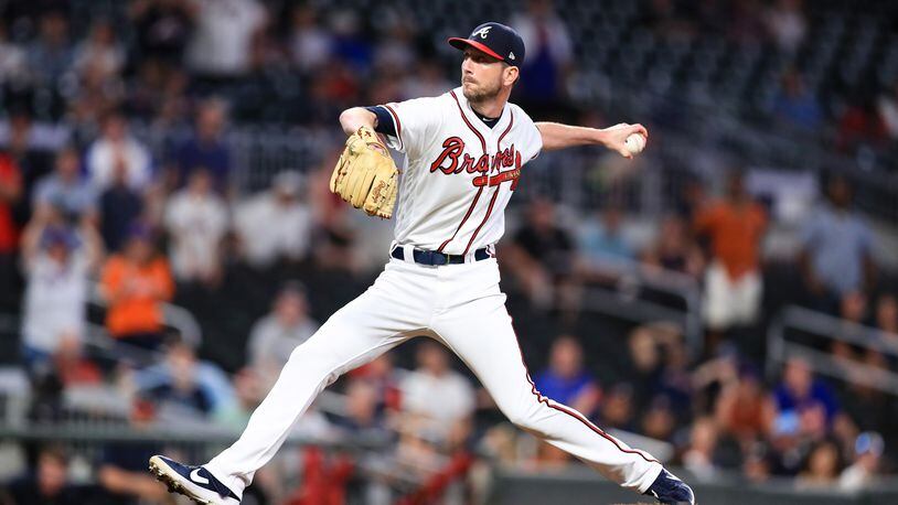Jerry Blevins #50 of the Atlanta Braves pitches in the ninth inning during the game against the New York Mets at SunTrust Park on August 14, 2019 in Atlanta, Georgia. (Photo by Carmen Mandato/Getty Images)