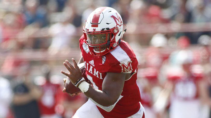 OXFORD, OHIO - SEPTEMBER 28: Jaylon Bester #1 of the Miami of Ohio RedHawks runs the ball in the game against the Buffalo Bulls at Yager Stadium on September 28, 2019 in Oxford, Ohio. (Photo by Justin Casterline/Getty Images)