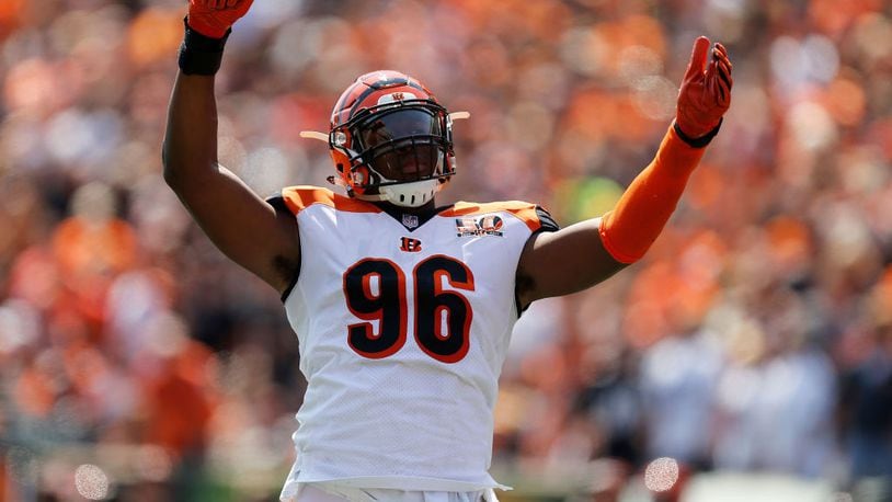 CINCINNATI, OH - SEPTEMBER 10: Carlos Dunlap #96 of the Cincinnati Bengals attempts to get the crowd to cheer during the first quarter of the game against the Baltimore Ravens at Paul Brown Stadium on September 10, 2017 in Cincinnati, Ohio. (Photo by Michael Reaves/Getty Images)
