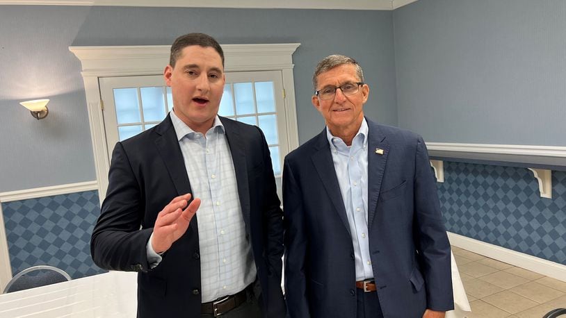 Republican U.S. Senate candidate Josh Mandel and retired U.S. Army Lt. Gen. Michael Flynn campaigned in Kettering on Thursday, April 21, 2022.