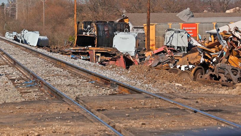Work continues at the Norfolk Southern derailment site in Clark County as workers cut the remaining train cars into pieces to be hauled away Wednesday, March 15, 2023. BILL LACKEY/STAFF