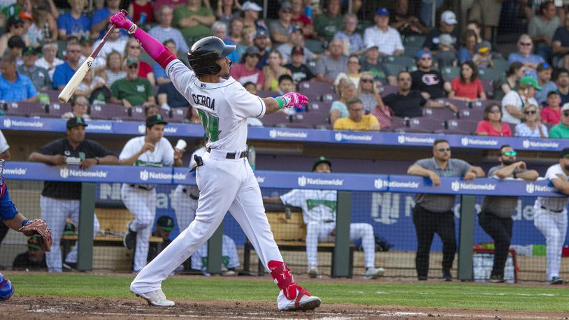 Allan Cerda watches his home run in the second inning at DayAir Ballpark on Tuesday, May 31, 2022. The homer hit off the scoreboard and traveled an estimated 450 feet. Photo by Jeff Gilbert