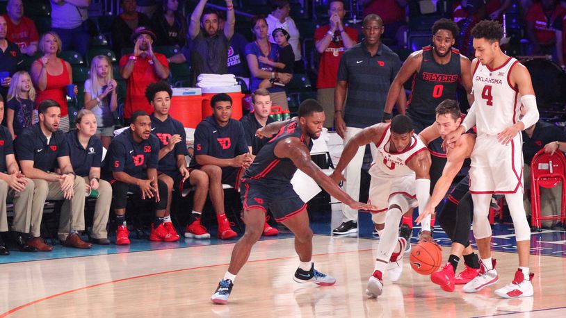 Dayton's Trey Landers and Ryan Mikesell defend against Oklahoma on Friday, Nov. 23, 2018, at Imperial Gym on Paradise Island, Bahamas.