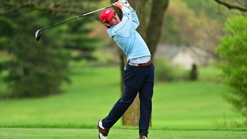 Dayton's Henry May golfs on April 12, 2021, in the Dayton Flyer Intercollegiate tournament. Photo by Erik Schelkun