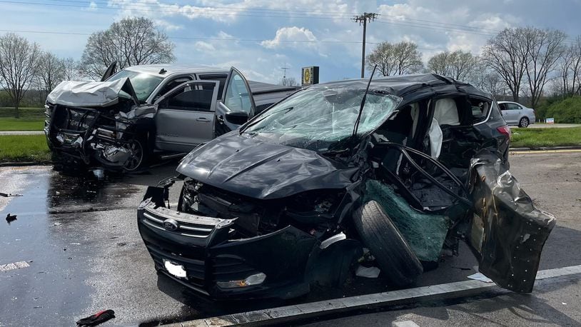 One person was killed in a two-vehicle crash Friday, April 12, 2024, on Urbana Road north of Springfield. BILL LACKEY/STAFF