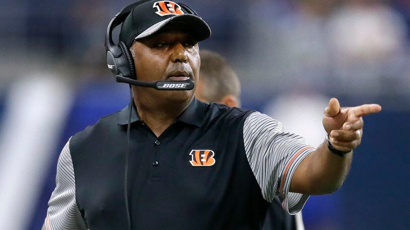 FILE - In this Aug. 18, 2016, file photo, Cincinnati Bengals head coach Marvin Lewis points in the first half of an NFL preseason football game against the Detroit Lions, in Detroit. Coach Marvin Lewis is telling Bengals players that more changes are coming if they continue to lose, and the next job lost could be theirs. (AP Photo/Duane Burleson, File)