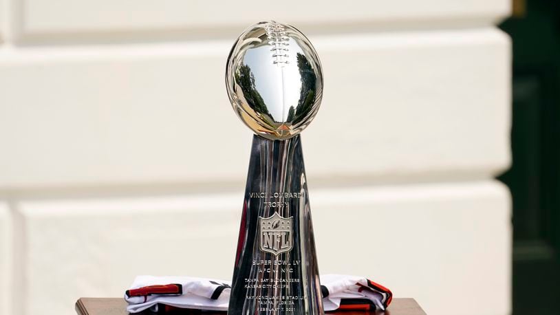 The Vince Lombardi Trophy is displayed before a ceremony on the South Lawn of the White House, in Washington, Tuesday, July 20, 2021, where President Joe Biden will honor the Super Bowl Champion Tampa Bay Buccaneers for their Super Bowl LV victory. (AP Photo/Andrew Harnik)