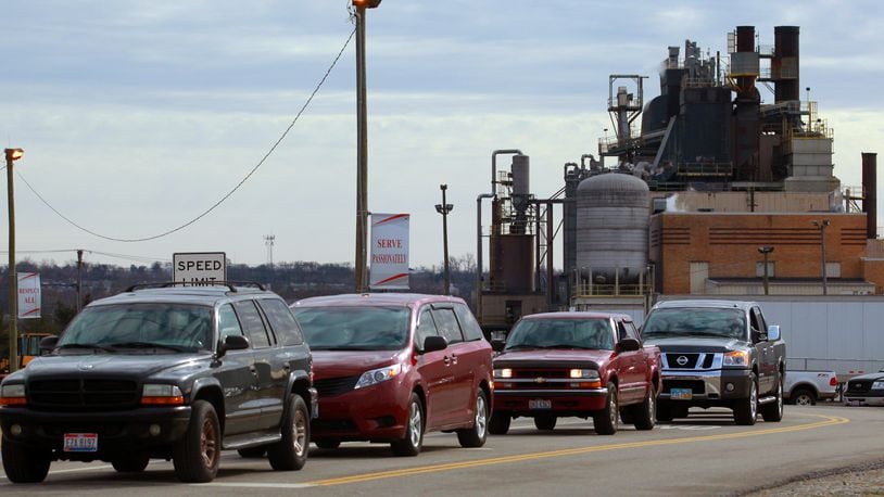 Employees drive away from Appvion’s West Alex Bell Road plant in this 2012 photo. Staff Photo by Jim Witmer