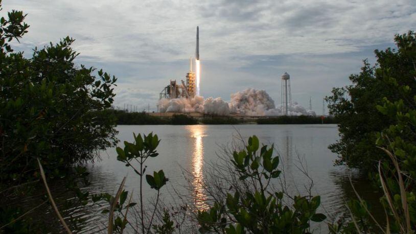 In this handout provided by NASA, the SpaceX Falcon 9 rocket, with the Dragon spacecraft onboard, launches from pad 39A at NASA's Kennedy Space Center on June 3, 2017 in Cape Canaveral, Florida.