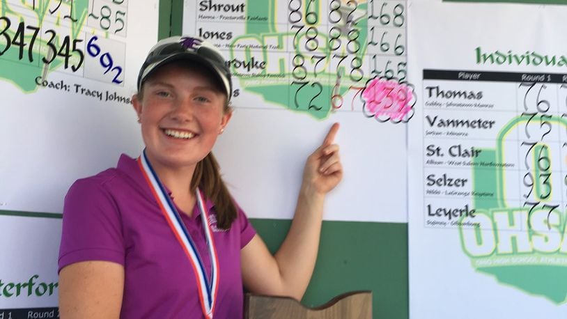 Eaton’s Sarah Willis won her second straight state golf title Saturday, rallying for a three-stroke victory on Ohio State’s Gray Course. CONTRIBUTED