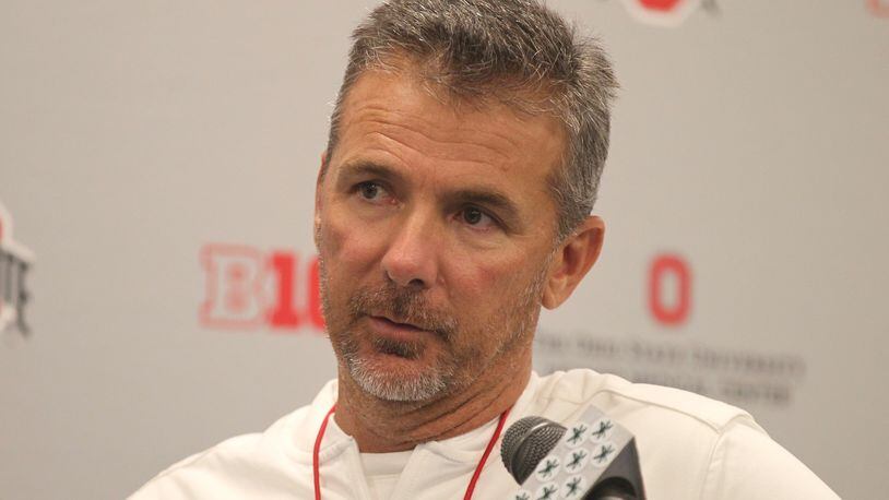 Ohio State’s Urban Meyer talks to reporters on Monday, Aug. 7, 2017, at the Woody Hayes Athletic Center in Columbus. David Jablonski/Staff