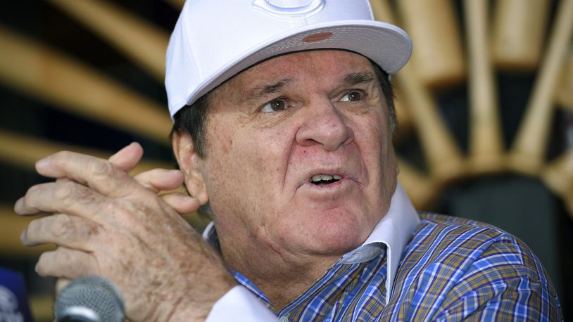 FILE - In this Dec. 15, 2015, file photo, former baseball player and manager Pete Rose speaks during a news conference in Las Vegas. A woman said she had a sexual relationship with Rose in the 1970s, starting when she was 14 or 15 years old, according to her sworn testimony submitted to a court Monday, July 31, 2017, in a federal defamation lawsuit Rose filed in 2016 against John Dowd, the lawyer whose investigation got Rose kicked out of Major League Baseball for gambling. (AP Photo/Mark J. Terrill, File)