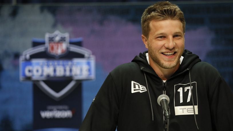 Dayton tight end Adam Trautman speaks during a press conference at the NFL football scouting combine in Indianapolis, Tuesday, Feb. 25, 2020. (AP Photo/Charlie Neibergall)