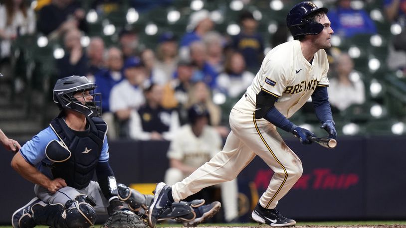 Milwaukee Brewers' Tyler Black watches after hitting a double for his first major league hit during the third inning of a baseball game against the Tampa Bay Rays Tuesday, April 30, 2024, in Milwaukee. (AP Photo/Aaron Gash)