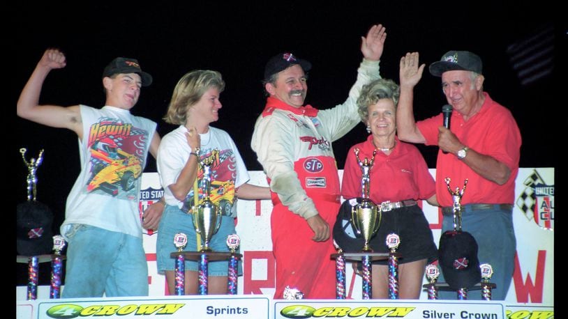 Jack Hewitt (center) won the USAC Silver Crown at Eldora Speedway in 1998. CONTRIBUTED
