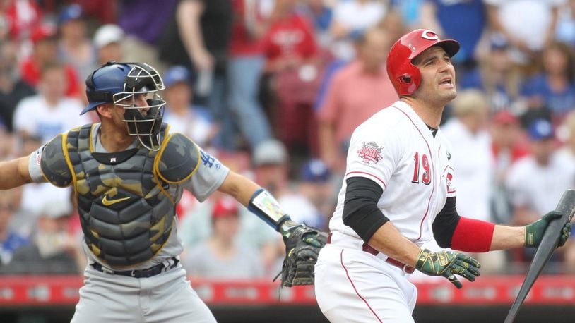 The Reds' Joey Votto reacts after striking out against the Dodgers on Friday, May 17, 2019, at Great American Ball Park in Cincinnati. David Jablonski/Staff