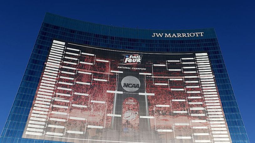 A picture of a giant bracket projected on a hotel in Indianapolis during a recent NCAA tournament. (Getty Images)