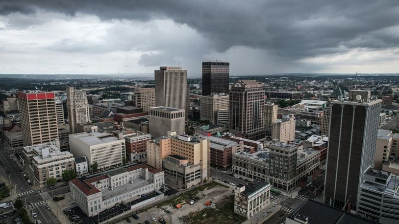 This is an aerial of downtown Dayton skyline looking northeast. The warm early autumn weather will continue until cool weather moves in over the weekend. JIM NOELKER/STAFF