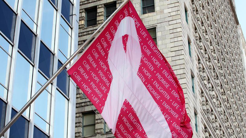CHICAGO - OCTOBER 20:  A Breast Cancer awareness flag, flies outside the Borg Warner Building photographed during the Chicago Architecture Foundation's "Open House Chicago" in Chicago, Illinois on OCTOBER 20, 2013.  (Photo By Raymond Boyd/Getty Images)