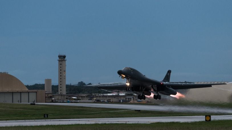 A U.S. Air Force B-1B Lancer takes-off Oct.10 headed for a night mission with South Korea and Japanese fighter jets over the Sea of Japan. U.S. AIR FORCE PHOTO