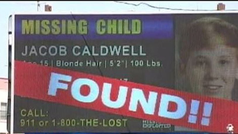 A billboard from August 2018 shows that Jacob Caldwell was found. The teen went missing not long after his father was murdered in Riverside. Three adults who lived in the Miami Twp. residence where Jacob was found - Donald Bell, Jo Anne Henderson and Zacheriah Henderson - have been charged with interference of custody, a first-degree misdemeanor.