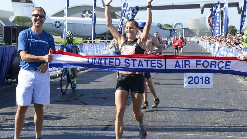 This year’s women’s full marathon winner was Sarah Bishop, of Dayton, Ohio, with a time of 3:02:25. (U.S. Air Force photo/Wes Farnsworth)