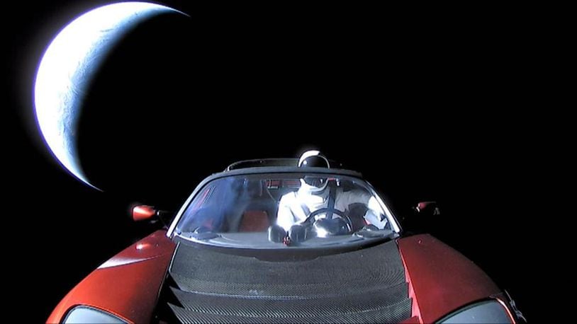 In this handout photo provided by SpaceX in Feb. 2018, a Tesla Roadster was launched from the Falcon Heavy rocket with a dummy driver named "Starman" aboard heading  toward Mars.