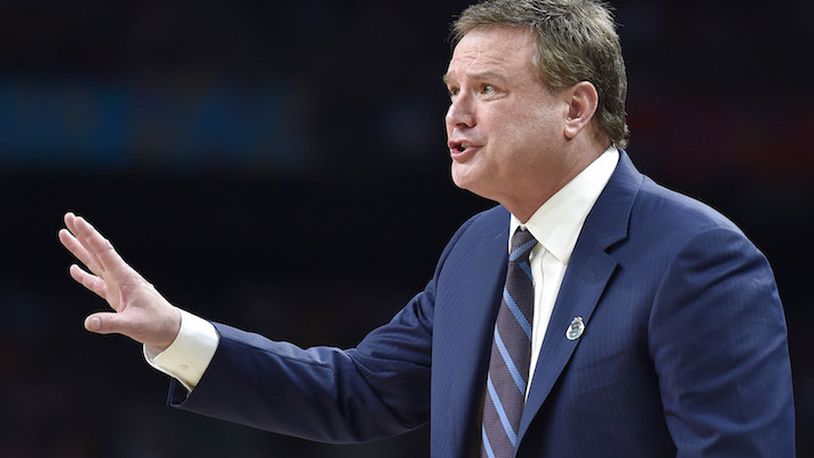 Kansas head coach Bill Self talks to his team from the bench in the second half against Villanova during an NCAA Tournament national semifinal on March 31, 2018, at the Alamodome in San Antonio, Texas. (Rich Sugg/Kansas City Star/TNS)