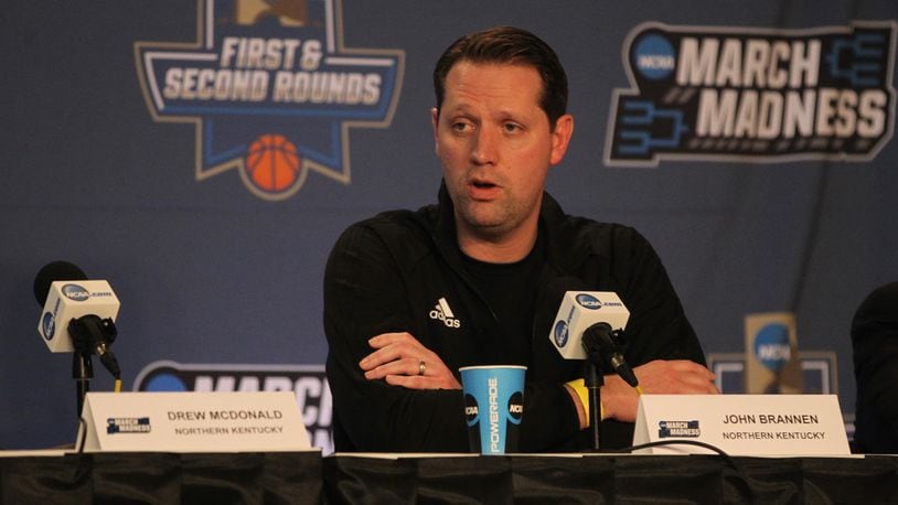 Northern Kentucky’s John Brannen speaks at a press conference before a NCAA tournament practice on Thursday, March 16, 2017, at Bankers Life Fieldhouse in Indianapolis. David Jablonski/Staff