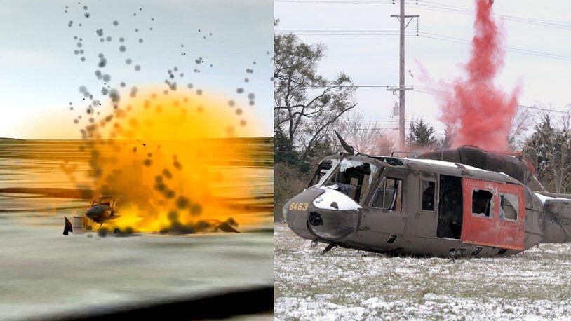 Constructive and live helicopters explode simultaneously after a strike by a virtual A-10 during a demonstration at the National Center for Medical Readiness in Fairborn, Ohio, Nov. 14. The mirrored constructive and live simulation effects create a more relevant and realistic training experience. (U.S. Air Force graphic)