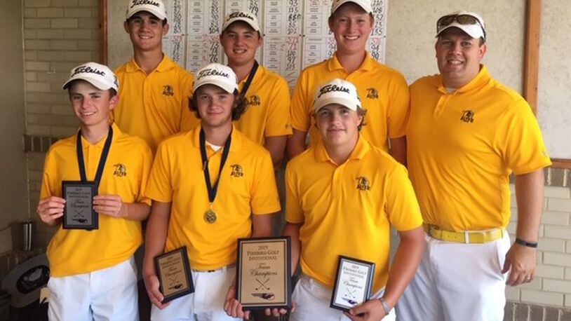The Alter High School boys golf team won its third straight GCL Co-Ed title. The team members: (front, left) sophomore Tommy Grawe, senior Jack Norman and junior Colin Scheimann. Back (left): senior Jack Holtgreive, senior AJ Pothast, junior John Lunne and coach Alex Schuster. CONTRIBUTED PHOTO