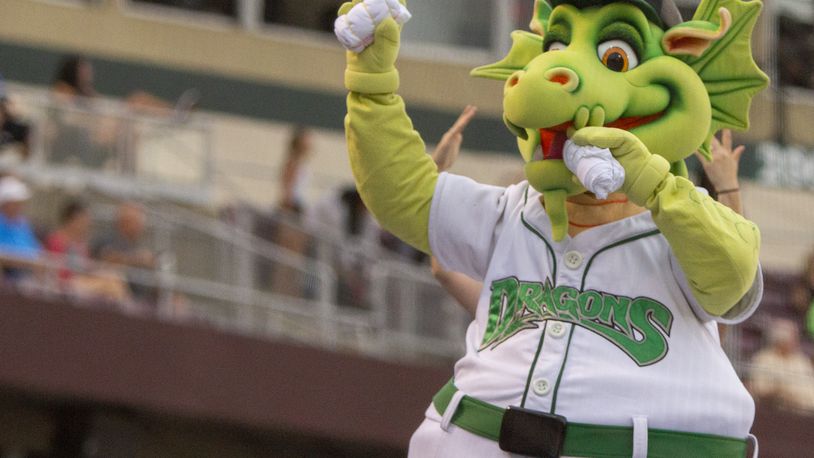 Heater isn't going on the field yet between innings, but he and fellow Dragons mascot Gem are throwing T-shirts to fans from the top of the dugouts. Jeff Gilbert/CONTRIBUTED