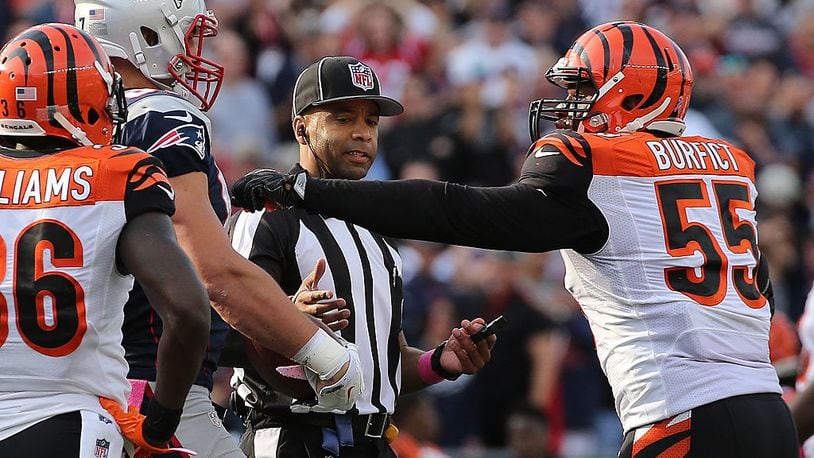FOXBORO, MA - OCTOBER 16: Rob Gronkowski #87 of the New England Patriots and Vontaze Burfict #55 of the Cincinnati Bengals exchange words in the fourth quarter at Gillette Stadium on October 16, 2016 in Foxboro, Massachusetts.(Photo by Jim Rogash/Getty Images)