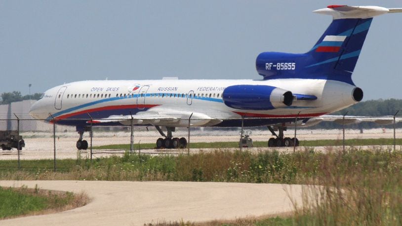 A Russian Tu-154 jet surveillance landed at Wright-Patterson Air Force Base in undated file photo to fly observation missions over the United States. The unarmed observation missions are permitted under the Open Skies Treaty which allows the United States and Russia to fly surveillance flights over each other’s territory to monitor compliance with arms control agreements, CHUCK HAMLIN / STAFF FILE PHOTO