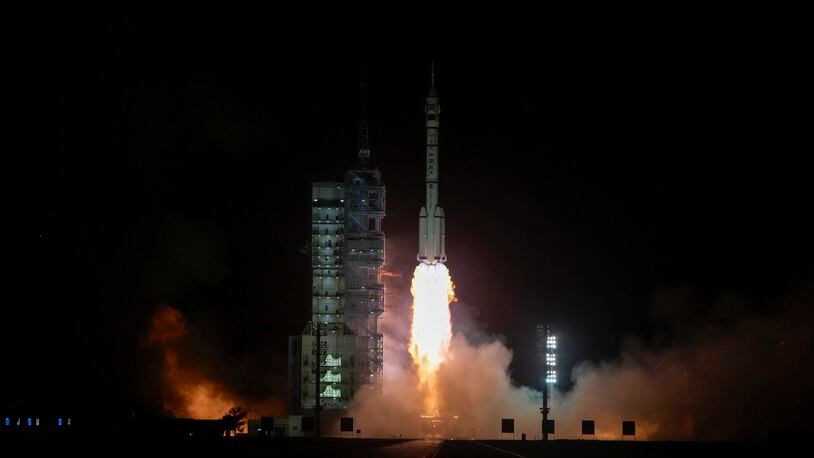 A Long March rocket carrying a crew of Chinese astronauts in a Shenzhou-18 spaceship lifts off at the Jiuquan Satellite Launch Center in northwestern China, Thursday, April 25, 2024. (AP Photo/Andy Wong)
