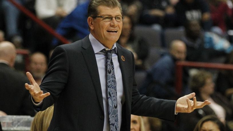 Connecticut coach Geno Auriemma protests a call in the Albany Regional final on Monday, March 30, 2015, at the Times Union Center in Albany, N.Y. David Jablonski/Staff