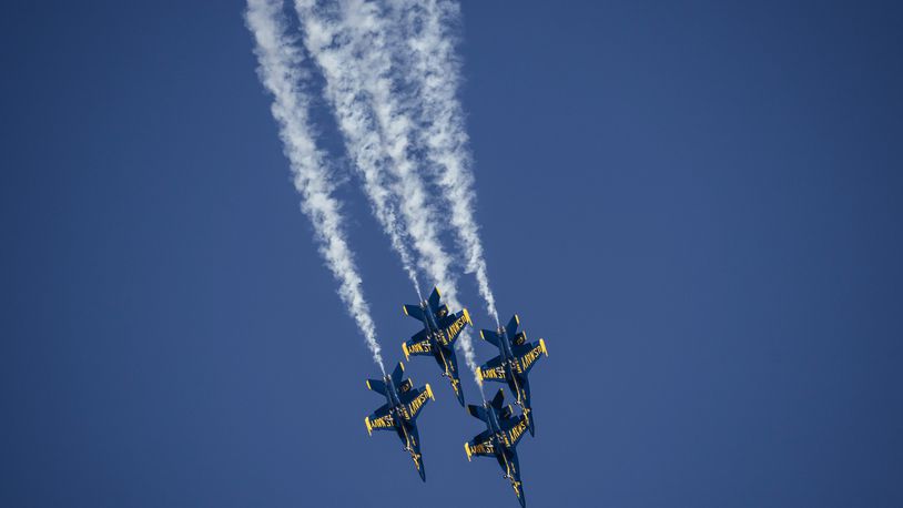 F/A-18 Super Hornets of the U.S. Navy's Blue Angels fly in formation above San Francisco Bay during a practice flight ahead of San Francisco Fleet Week, in San Francisco on Thursday, Oct. 5, 2023. (Stephen Lam/San Francisco Chronicle via AP)