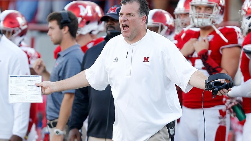 OXFORD, OH - OCTOBER 21: Head coach Chuck Martin of the Miami Ohio Redhawks reacts against the Buffalo Bulls during the second half at Yager Stadium on October 21, 2017 in Oxford, Ohio. (Photo by Michael Reaves/Getty Images)
