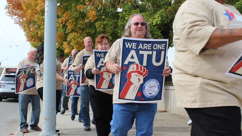 A couple dozen Greater Dayton RTA workers protest outside of the Montgomery County Administration building in late October. CORNELIUS FROLIK / STAFF
