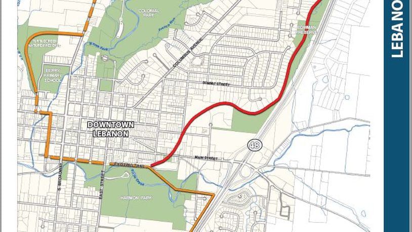 Map of proposed Lebanon Bowman Trail that recently received $750,000 in federal funding through the Ohio-Kentucky-Indiana Regional Council of Governments. CONTRIBUTED/CITY OF LEBANON