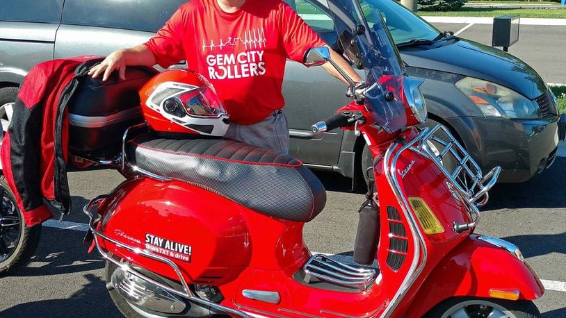 Circumnavigation of Ohio Ride Leader & Navigator Carl Frazee and his Italian red Vespa GT 250 at the beginning of the four-day ride which began in Clayton. Submitted by Gary Honnert