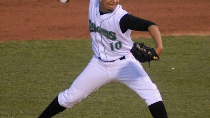 Dragons reliever Alejandro Chacin delivers. The Dayton Dragons were defeated 5-3 by the West Michigan Whitecaps at Fifth Third Field on Thursday, May 7, 2015. MARC PENDLETON / STAFF