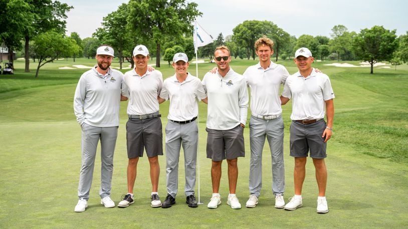 Wright State's golf team finished a program-best ninth Wednesday in the NCAA Columbus Regional at Ohio State's Scarlet Course. Pictured from left, coach Conner Lash, Davis Root, Tyler Goecke, Bryce Haney, Mikkel Mathiesen and Cole Corder. Matthew Barnes, Wright State Athletics photo