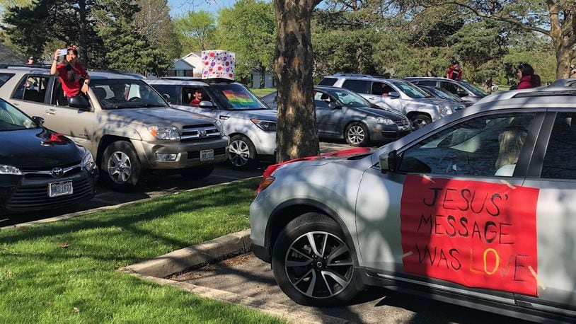 Alter High School students gather in their cars at Ernst Park near the school Friday May 1, in support of ousted teacher Jim Zimmerman. JEREMY P. KELLEY / STAFF