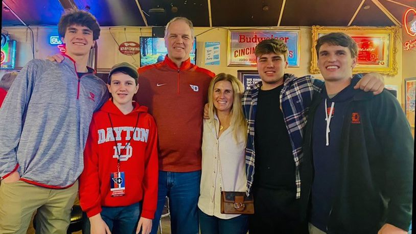 Current Dayton Flyers player Brady Uhl (far right) and his family: (Left to right) Charlie (brother), Joe (brother), former UD player Blil Uhl Jr. (Brady’s dad), Kelly (Brady’s mom) and Will (brother and fellow UD student) . CONTRIBUTED