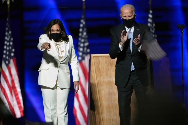 President-elect Joe Biden joins Vice President-elect Kamala Harris onstage in Wilmington, Del., on Saturday night, Nov. 7, 2020. (Erin Schaffy/The New York Times)