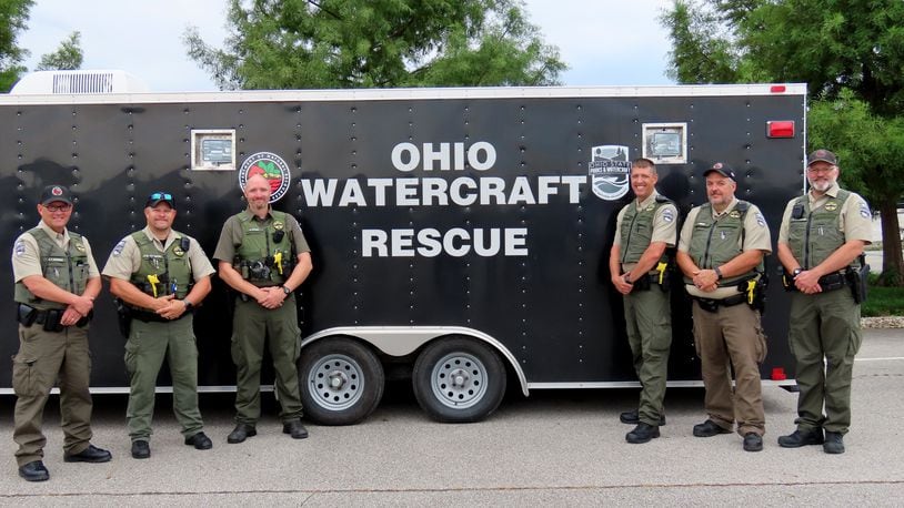 Ohio Natural Resources Officers prepare for deployment to New Mexico for flood assistance. Pictured from left to right are Investigator Troy Newman, Capt. Michael Sterwerf, Officer Kevin Peters, Officer Paul Lallier, Sgt. Eric McCune and Officer Richard McCullough. Photo courtesy Ohio Department of Natural Resources.